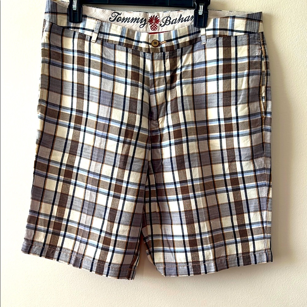 Tommy Bahama Flat Front Shorts Men’s 36 Paradise Nation‎ Blue Brown Linen Blend